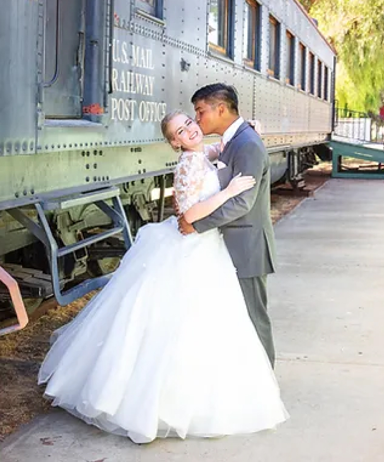 Bride and groom on their wedding day captured by Carlsbad Photo at Escondido History Center