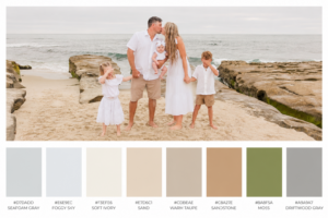 Start with a Color Palette
Beach photos look best when outfits complement the natural surroundings. Soft, neutral colors photograph beautifully against the sand, ocean, and sky.
Carlsbad Photo Favorite Beach Color Palettes