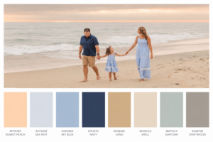 Start with a Color Palette
Beach photos look best when outfits complement the natural surroundings. Soft, neutral colors photograph beautifully against the sand, ocean, and sky.
Carlsbad Photo Favorite Beach Color Palettes