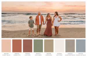Start with a Color Palette
Beach photos look best when outfits complement the natural surroundings. Soft, neutral colors photograph beautifully against the sand, ocean, and sky.
Carlsbad Photo Favorite Beach Color Palettes
