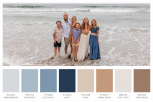 Start with a Color Palette
Beach photos look best when outfits complement the natural surroundings. Soft, neutral colors photograph beautifully against the sand, ocean, and sky.
Carlsbad Photo Favorite Beach Color Palettes