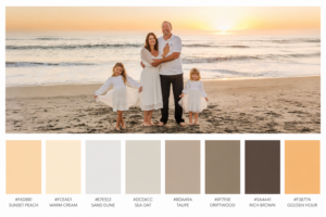 Start with a Color Palette
Beach photos look best when outfits complement the natural surroundings. Soft, neutral colors photograph beautifully against the sand, ocean, and sky.
Carlsbad Photo Favorite Beach Color Palettes