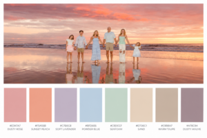 Start with a Color Palette
Beach photos look best when outfits complement the natural surroundings. Soft, neutral colors photograph beautifully against the sand, ocean, and sky.
Carlsbad Photo Favorite Beach Color Palettes