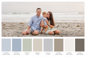 Start with a Color Palette
Beach photos look best when outfits complement the natural surroundings. Soft, neutral colors photograph beautifully against the sand, ocean, and sky.
Carlsbad Photo Favorite Beach Color Palettes